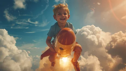 Foto op Plexiglas anti-reflex A little boy happily rides a rocket in the sky © akarawit