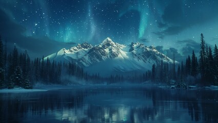 Beautiful aurora borealis at night by a lake with mountains - obrazy, fototapety, plakaty