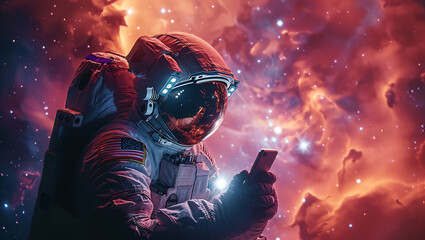 Astronaut using smartphone in nebula galaxy - obrazy, fototapety, plakaty
