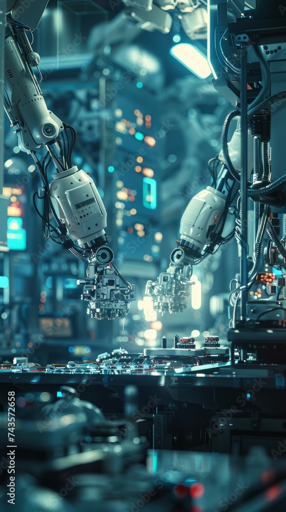 Poster futuristic robotic arms assembling circuit boards in high-tech factory