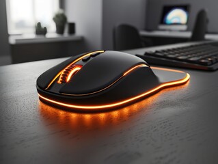 Sleek Modern Computer Mouse with Orange LED Illumination on Desk
