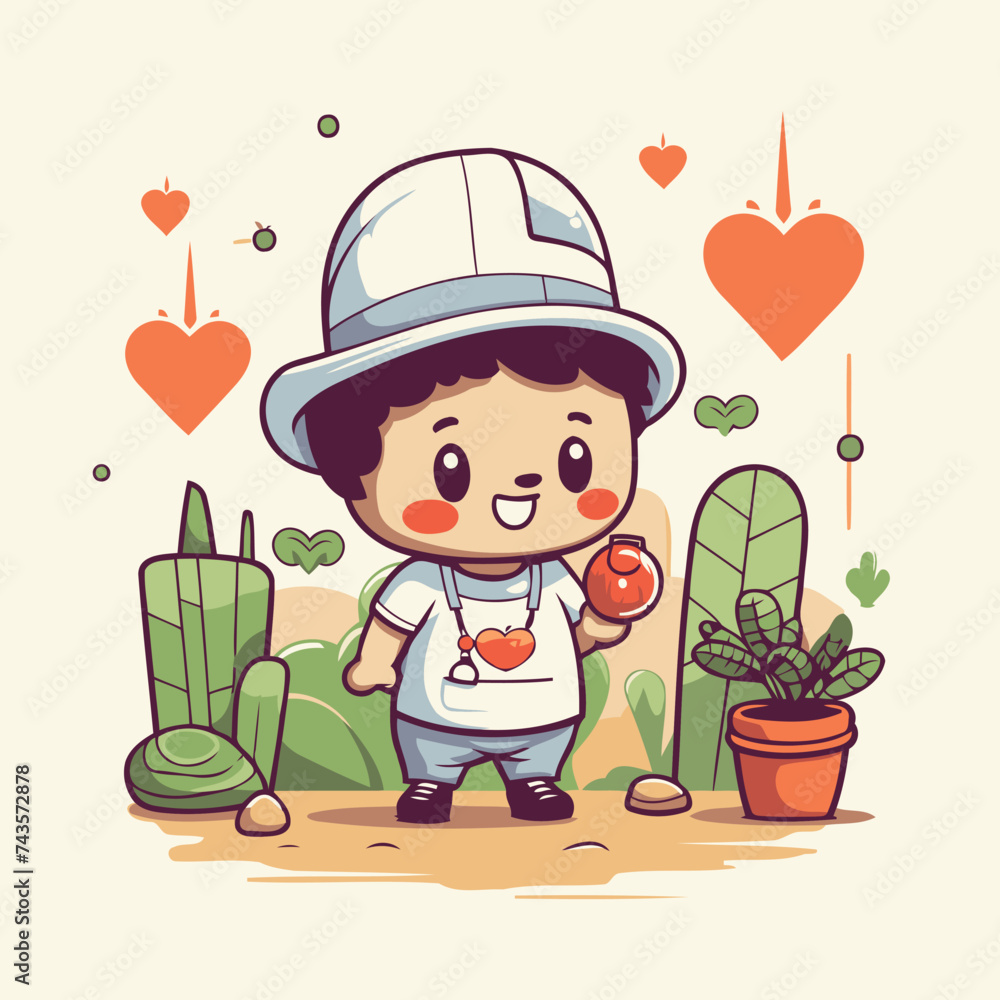 Poster Cute boy with heart and cactus. Vector cartoon illustration.