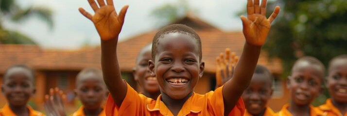 At a Ugandan school, content kids. Generative Ai. - obrazy, fototapety, plakaty