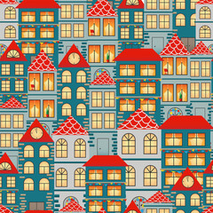 Seamless pattern with hand drawn  city. Many cute different houses with red roof. Design for fabric, packaging paper, cover, banner, poster.