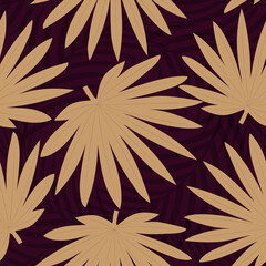 Seamless pattern with hand drawn tropical beige palm leaves on purple background.