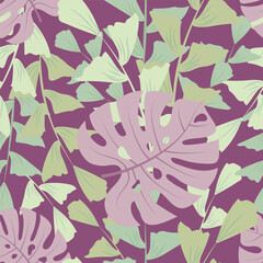 Seamless pattern with hand drawn tropical leaves on purple background.