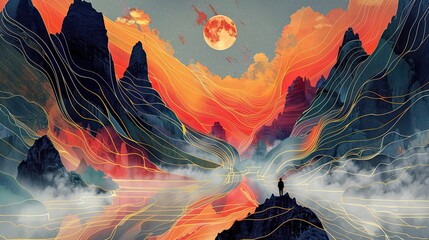 Surrealism illustration, minimalism, line art, light art, Aurora colouring, mountains, Chinese architecture - obrazy, fototapety, plakaty