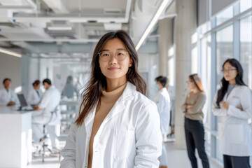 Asian woman scientist wearing white coat and glasses in modern Medical Science Laboratory.