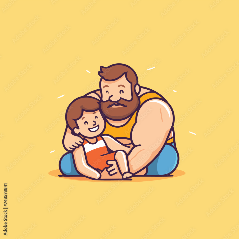 Wall mural dad and son hugging. vector illustration in flat cartoon style isolated on yellow background.