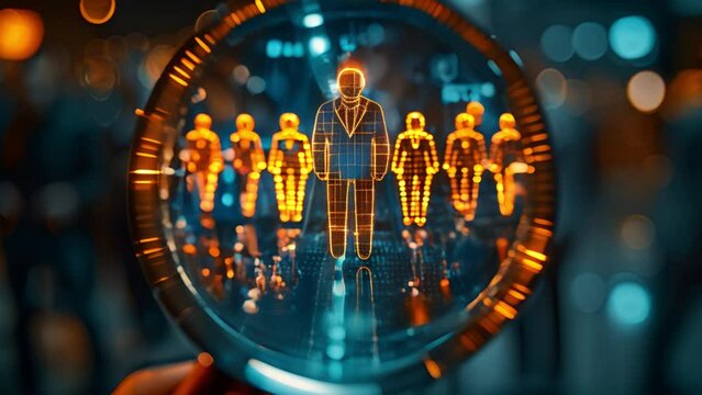 business video of magnifying glass with people icon, building a strong team, human resources and management concept