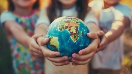 Fototapeta premium International day of peace concept. Children holding earth globe. Group of African children holding planet earth planet earth over defocused nature background with copy space. 
