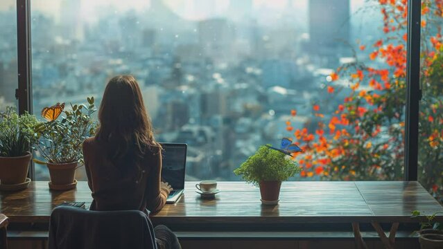 a woman and a laptop, spring. seamless looping time-lapse animation video background

