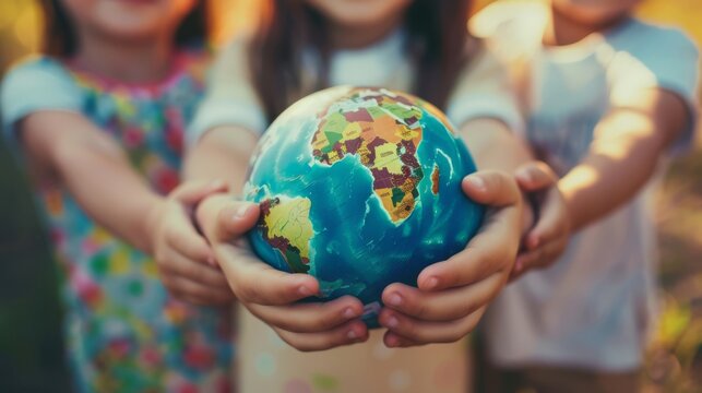 International day of peace concept. Children holding earth globe. Group of African children holding planet earth planet earth over defocused nature background with copy space. 