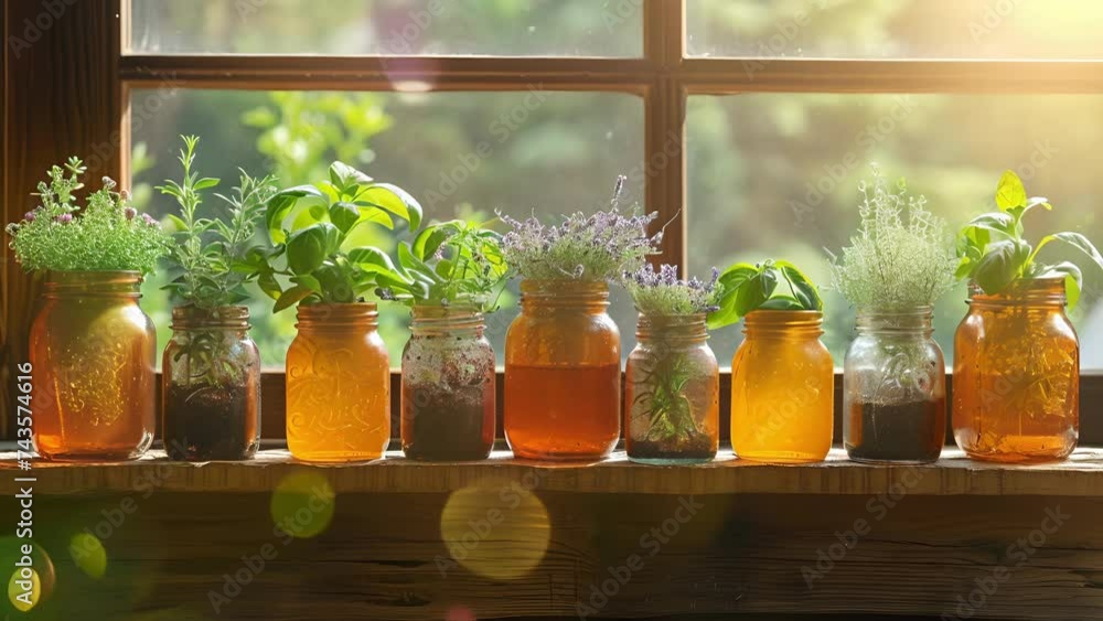 Poster a charming window adorned with a series of whimsical mason jar planters each containing different va