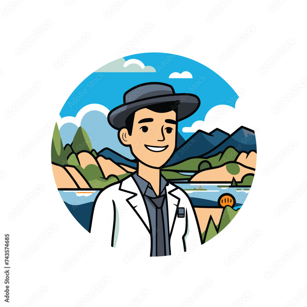 Wall mural man in white coat and hat. vector illustration in flat style.