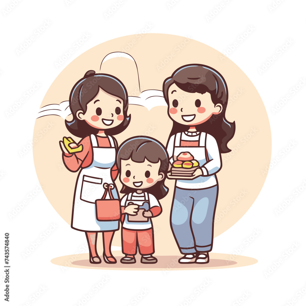 Poster Happy family in the kitchen. Mother. father and child. Vector illustration.