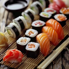 Eastern Harmony: Sushi Set on a Tray with Chopsticks and Soy Sauce