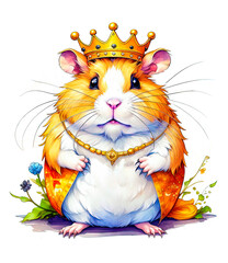 Hamster king, cartoon character on a white background isolated with copy space for text. Greeting birthday card for children.