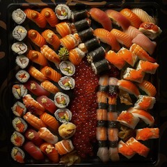 A huge sushi set with red caviar at a Japanese restaurant. View from above