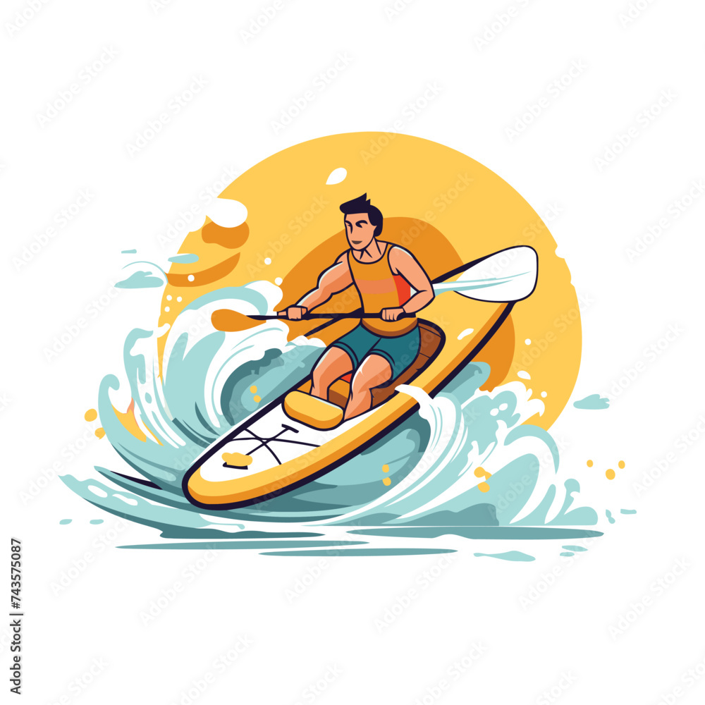 Poster young man in a kayak on the waves. vector illustration.