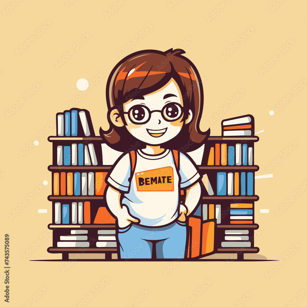 Poster vector illustration of a little girl in glasses standing next to a stack of books.