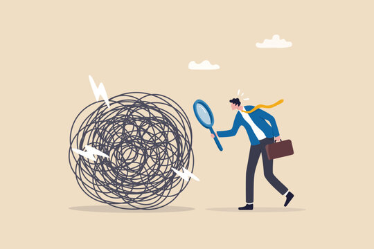 Analyze problem finding solution or opportunity, look for details to solve problem, discovery or search, root cause analysis or troubleshooting concept, businessman analyze mess with magnifying glass.
