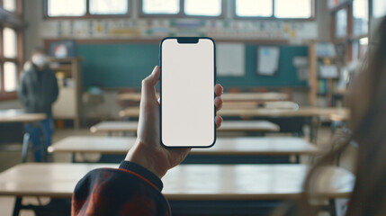 Student teacher hand holding isolated smartphone device in the classroom with blank empty white screen, communication education technology concept - obrazy, fototapety, plakaty