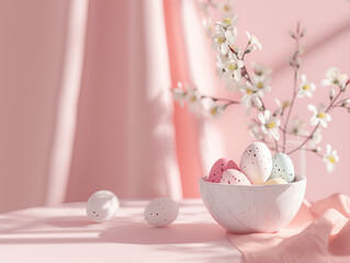 Fototapeta na wymiar Minimal Easter decoration with eggs in a bowl, cherry blossom and pink cloth in the background. Light pink and white, monochromatic color palettes, soft sculpture. Minimal Easter and spring background