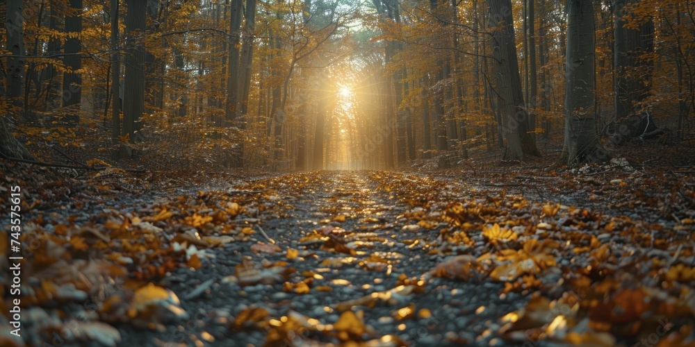 Poster Autumn forest digital backdrop, fall colors with a clear path for subjects, surrounded by a soft, natural blur