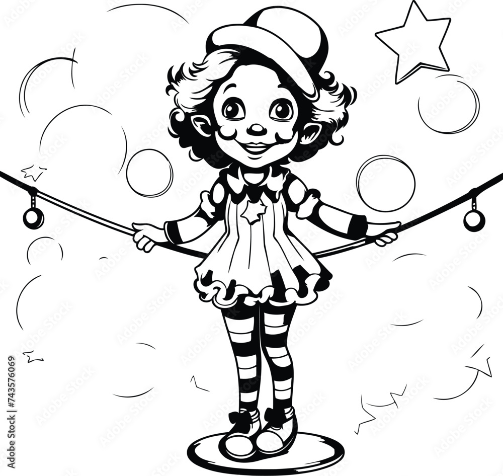 Wall mural black and white cartoon illustration of a cute clown juggling