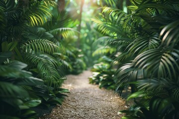 A dense jungle scene with rich greenery, a clear path focus, and lush foliage blur creates a captivating digital backdrop.