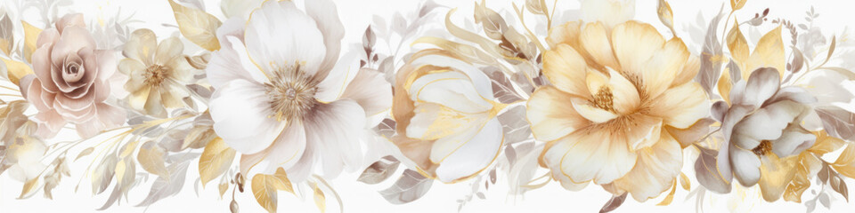 Border of large white and golden flowers in white background. Luxury floral banner. Horizontal format.