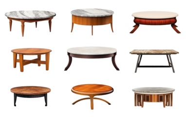 Collection of different styles modern tea table on white or transparent background