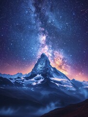A starlit mountain range against a clear night sky with a focused silhouette and dreamy blur creates a serene backdrop.
