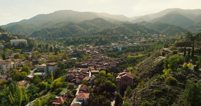 Aerial view Kakopetria Cyprus cityscape. The tourist destination on the island is an old village in a mountainous landscape. High quality 4k footage