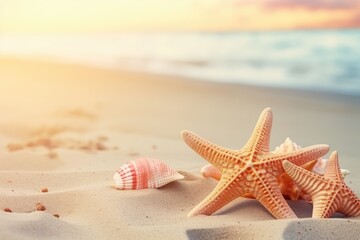 erene Beachscape with Starfish and Shells at Sunset Generative AI