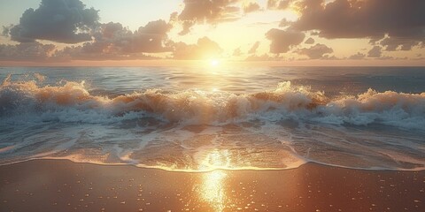 Golden hour beach digital backdrop features warm sunlight over sea, with central horizon focus and soft blur. - obrazy, fototapety, plakaty