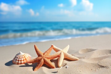 Fototapeta na wymiar erene Beachscape with Starfish and Shells at Sunset Generative AI