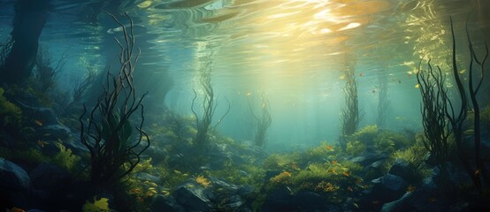 Submerged Serenity: Sunlit Seaweed Dance in Ocean Depths Generative AI - obrazy, fototapety, plakaty