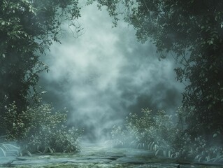 A serene woodland setting featuring misty forest backdrop, magical clear spot, and atmospheric blur.