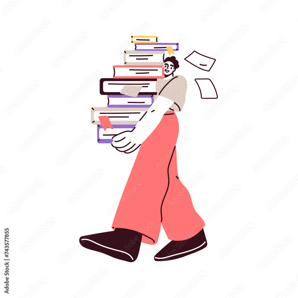 Poster student carrying many books, stack. happy man learner, reader holding textbooks pile, literature for