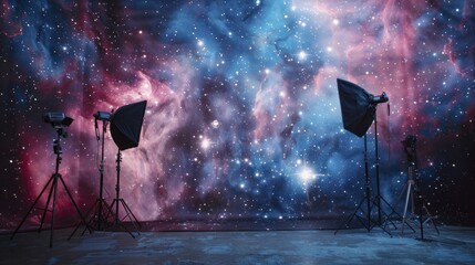 Capturing celestial colors against a cosmic nebula backdrop with a stellar focus area transitioning into cosmic blur.