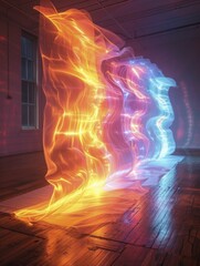Fototapeta premium Neon abstract backdrop in a studio, vibrant light trails focus with dynamic, glowing blur create a mesmerizing scene.
