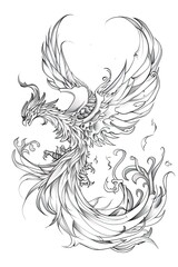 Phoenix illustration, drawing, engraving, ink, line art, vector. Sketch of a tattoo in the form of a Firebird. T-shirt apparel print design.