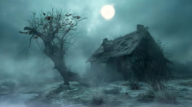 Misty dark night in the forest with scary home. Seamless looping time-lapse 4k video animation background