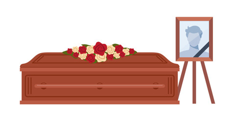 Dead young man coffin and photo. Funeral ceremony. Ritual service. Male picture and flowers wreath on coffin. Vector illustration.