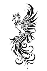 Phoenix illustration, drawing, engraving, ink, line art, vector. Sketch of a tattoo in the form of a Firebird. T-shirt apparel print design.
