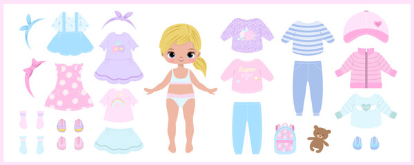 Paper doll clothes. Baby doll. Cute girl with clothes set, collection. Game, toy for children play. Cute girl with dresses. Vector illustration isolated on white background. Stickers. Dress up, cutout