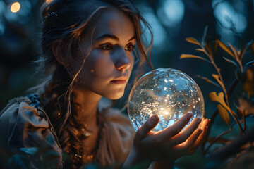 Naklejka premium Psychic Woman Holding a Crystal Ball. Portrait of Fortune Teller