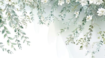 green wall with white flowers and branches isolated on white, in the style of dreamy watercolor scenes, intricate layering, flowing draperies, light white and light navy, whimsical wilderness, delicat